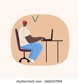 Illustration of good posture during everyday computer work. African-american man is correct sitting at the working place. You can use in card, banner, brochure and print. Vector illustration