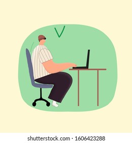 Illustration of good posture during everyday computer work. Man is correct sitting at the working place. You can use in card, banner, brochur and print. Vector illustration