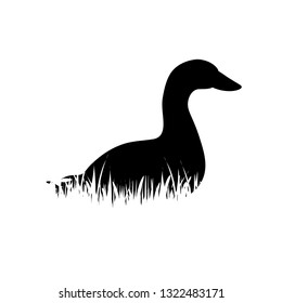 Illustration of goose icon in the grass. Vector silhouette on white background. Symbol of poultry.