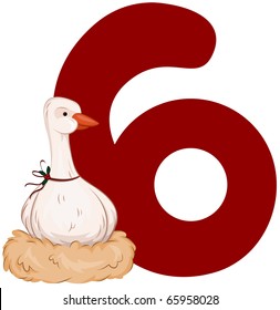 Illustration of a Goose Laying Eggs Beside a Number Six