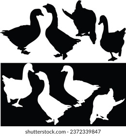 illustration with goose silhouettes isolated on black and white background