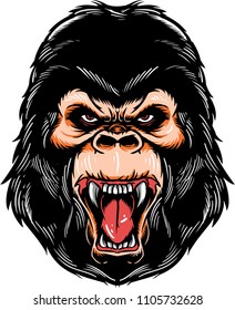 Illustration of a gorilla with angry face and sharp teeth. 