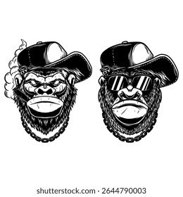 Ilustração de gorila em boné de beisebol em estilos monocromáticos e coloridos. Elemento de design para camiseta, emblema, distintivo. Ilustração vetorial