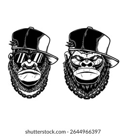 Ilustração de gorila em boné de beisebol em estilos monocromáticos e coloridos. Elemento de design para camiseta, emblema, distintivo. Ilustração vetorial