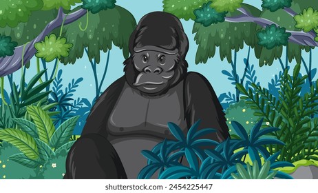 Illustration of a gorilla in a lush forest