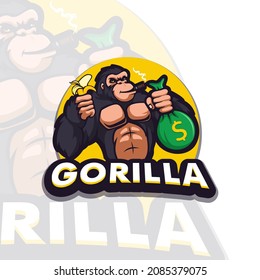 Illustration of gorilla with money bag and banana while smoking mascot logo design illustration
