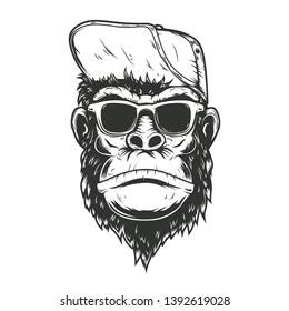 illustration of gorilla monkey in baseball cap. Design element for poster, t shirt, emblem, sign. Vector illustration