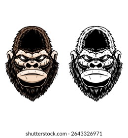 Illustration of gorilla in monochrome and color styles. Design element for t shirt, emblem, badge. Vector illustration