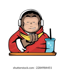 illustration of a gorilla wearing a headset eating a banana and a drink