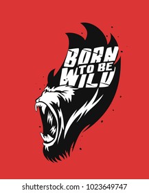illustration of gorilla, wild animal, born to be wild text, vector illustration