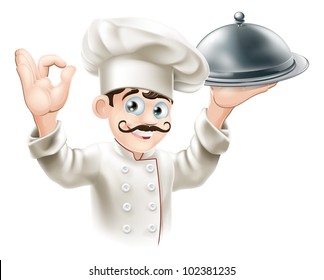 Illustration of a gourmet chef holding  silver platter and giving an okay sign