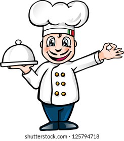 Illustration of a gourmet chef holding silver platter and giving an okay sign / chef