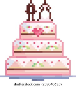 Illustration of a gourmet wedding cake on several tiers, pink with a heart, with figurines of the bride and groom, original pixel art style for announcement cards.