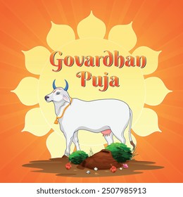 illustration of Govardhan Puja festival with holy cow, govardhan puja written in Hindi, goverdhan Puja is festival in india