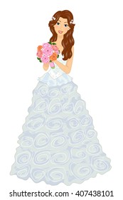 Illustration of a Gown in a Frilly Dress Holding a Bouquet