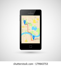 Illustration Of GPS In Mobile Phone Showing Route Map