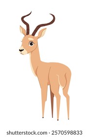 Illustration of a graceful antelope with curved horns, drawn in a clean and colorful style on a white background. Concept of wildlife and nature. Vector illustration