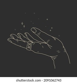 illustration of a graceful female hand. magic rituals, the hand of the witch fortune teller