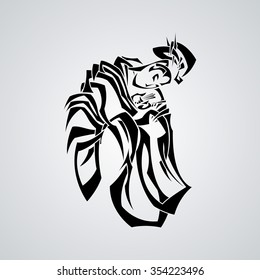 Illustration with graceful Japanese woman in a kimono with a classic hair style. Tribal tattoo. Black and white pointed weave.