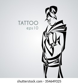 Illustration with graceful Japanese woman in a kimono with a classic hair style. Tribal tattoo. Black and white pointed weave.