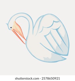 Illustration of a graceful swan with a long neck and elegant wings. The swan is depicted in a minimalist style with soft pastel colors and a serene expression. Vintage bird illustration vector.