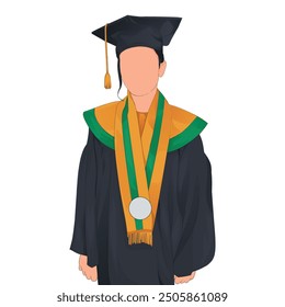 illustration of a graduate in a black gown, mortarboard with tassel, and a green and gold stole, representing academic achievement and graduation ceremonies.