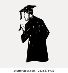 Illustration of a graduate in cap and gown holding a diploma, facing away. Academic achievement and celebration theme in a sketch style. Vintage character art illustration vector.