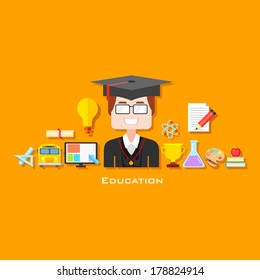 illustration of graduate with education icon in flat style