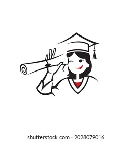 illustration of graduate girl and rolled diploma isolated on white background