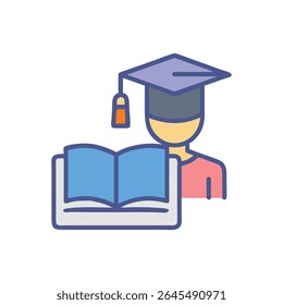 Illustration of graduate with graduation cap reading an open book in flat style with rounded edges.