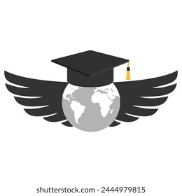 Illustration of a graduate hat with wings flying around the earth on a white background.