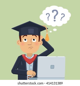 Illustration of a graduate with laptop thinking. Confused graduate looking up and making decision. Job, work search after graduation concept. Flat style vector illustration