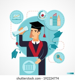 Illustration of graduate speaking speech on the podium with flying hats. Infographics for presentations, education, colleges and institutes. Flat design.