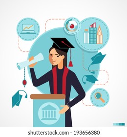 Illustration of graduate speaking speech on the podium with flying hats. Infographics for presentations, education, colleges and institutes. Flat design.
