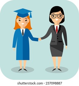 Illustration of graduate and teacher with background of education icons. Students in graduation gown and mortarboard with teacher in background of education icons 
