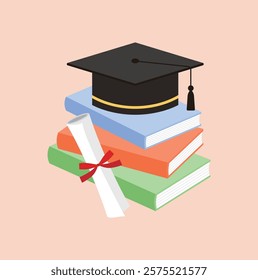 Illustration of a graduation cap, books, graduation certificate, and diploma worn at a graduation ceremony.