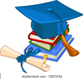 Illustration of graduation cap and diploma  on pile book