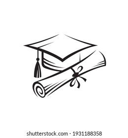 illustration of graduation cap and rolled diploma isolated on white background