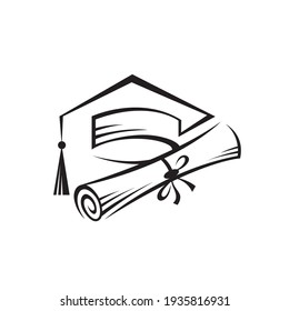 illustration of graduation cap and rolled diploma isolated on white background