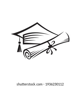 illustration of graduation cap and rolled diploma isolated on white background