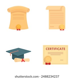 Illustration of graduation cap and various diploma or certificate designs with seals