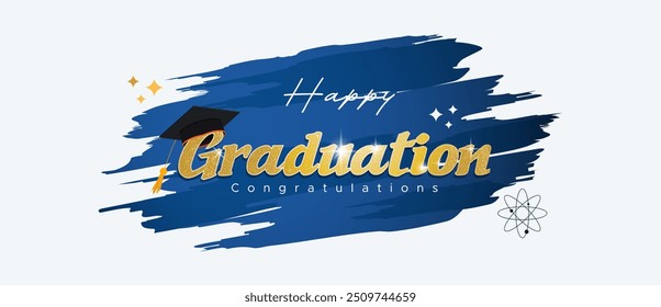 Illustration of graduation, education and students. Happy Graduation, grunge abstract background in blue gradation and glitter effect on text. Graduation day celebration concept design