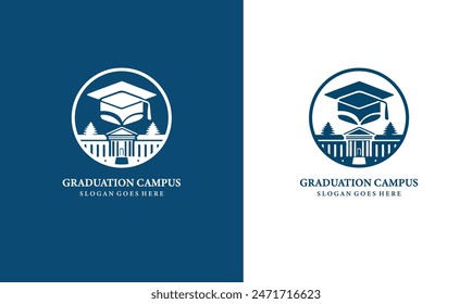 Illustration of graduation logo with graduation cap and campus logo.