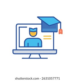 Illustration eines Studenten mit einer auf einem Computerbildschirm angezeigten Kappe. Flacher Designstil mit Umrissen und einfachen Formen.