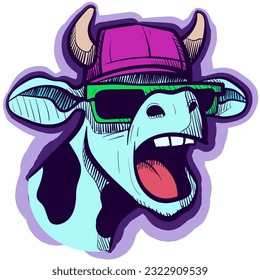 Illustration of a graffiti cow with sunglasses and a hiphop hat screaming. Vector of a cool hip hop bull talking