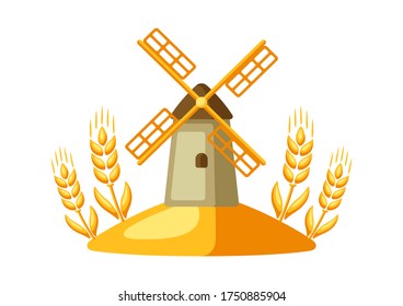 Illustration of grain mill with ripe wheat ears. Agricultural emblem.