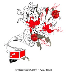 Ilustración del gramófono con flores