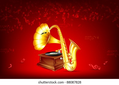 illustration of gramophone and saxophone on musical background