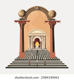 Illustration of a grand architectural structure with columns, arches, and checkered floor. Ornate design with classical elements and detailed patterns. Vintage art illustration, vector.