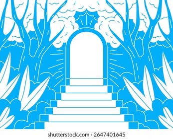 Ilustração de um grande arco, no topo de uma escada que leva a uma dimensão desconhecida. Arco ilustrativo com árvores em ambos os lados e um vislumbre de nuvens fofas.